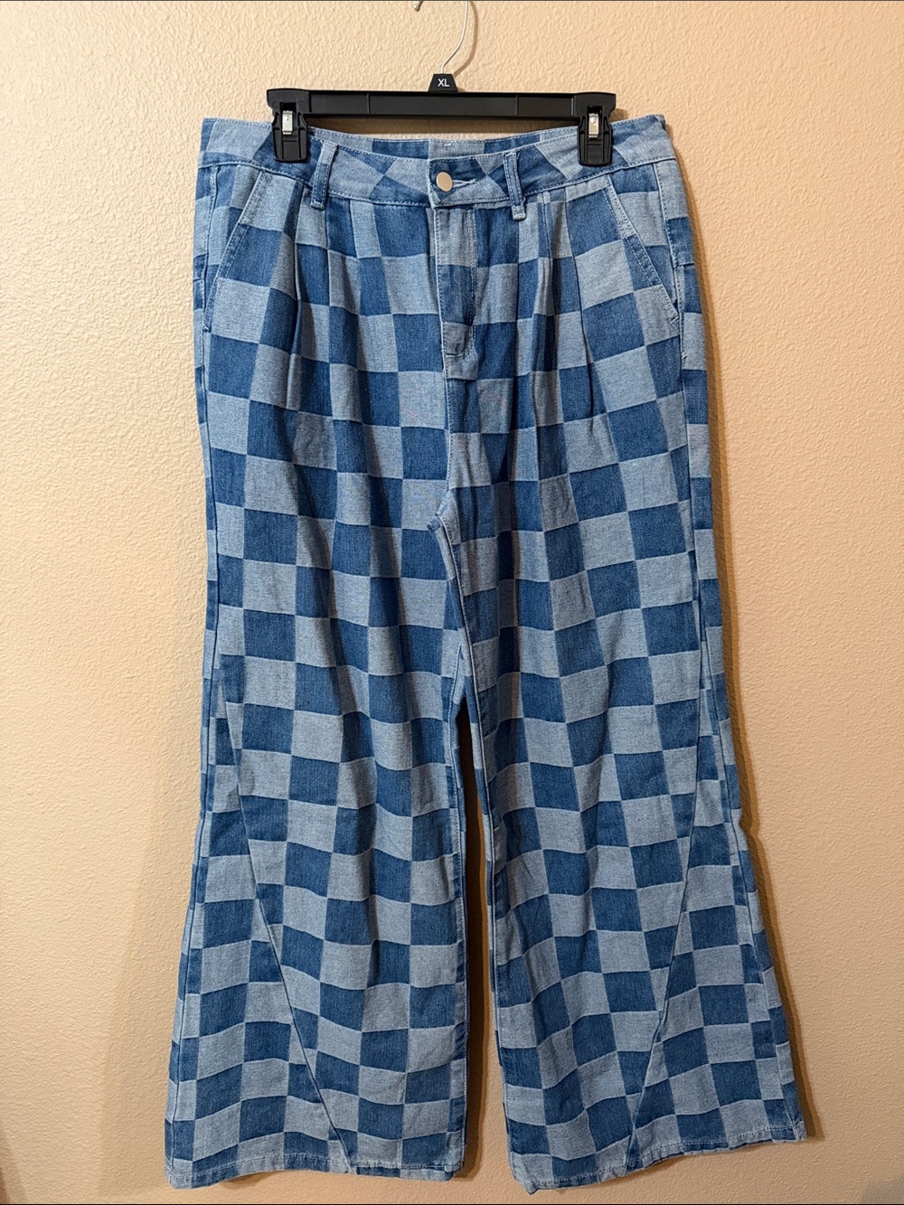 Checkerboard Wide Leg Denim Pants - Blue